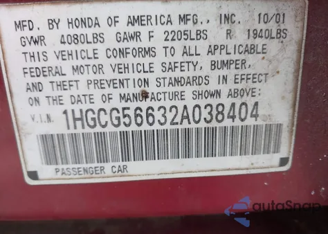 2002 Honda Accord 2.3 Ex z USA, uszkodzony, nr VIN 1HGCG56632A038404